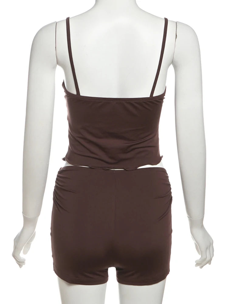 2 Piece Set Simple Irregular Rushed Low Neck Backless Camisoles+ Solid Slim Shorts