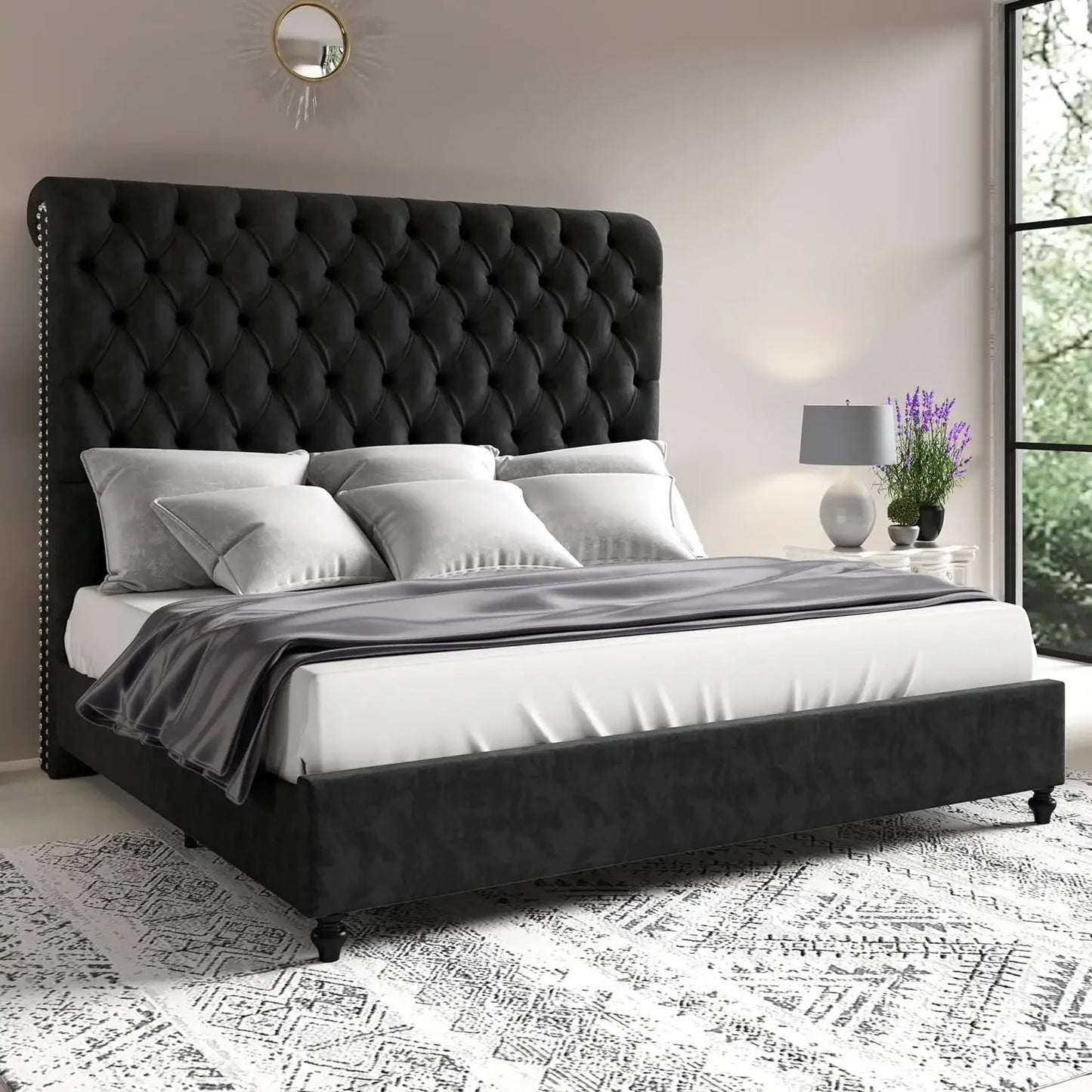 Queen Size Bed Frame with Sleigh Headboard 60" Tall Velvet Upholstered Platform Bed, No Box Spring Needed, Cream