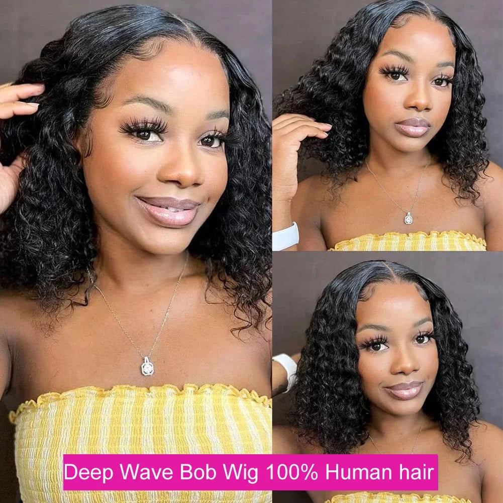 200 Density 13x6 Short Bob  Deep Wave wigs Curly 100% Human Hair 13x4 HD Transparent Lace Front Wig 14 16 Inches