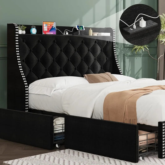 Large Bed Frame with 4 Storage Drawers and Storage Headboard Equipped with Charging Station Diamond Sewn Button Tufted Design