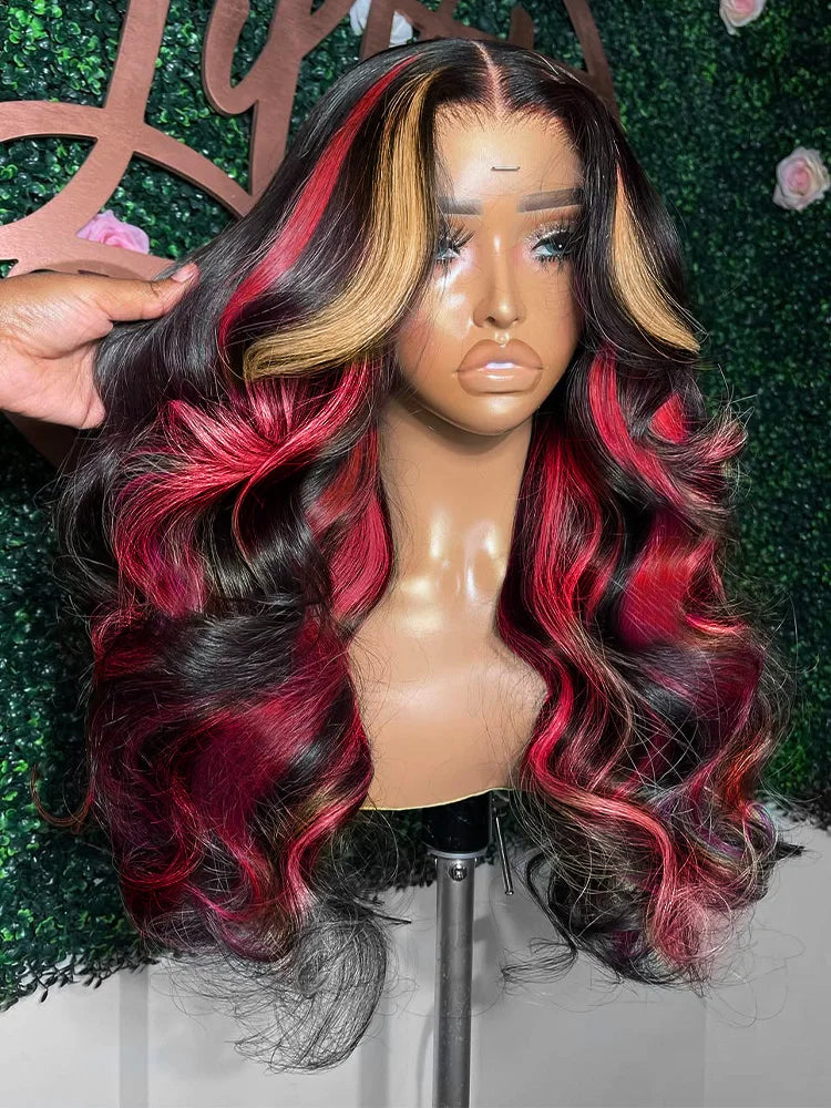 Ombre Red With Blonde Highlights Body Wave 5x5 Glueless Wigs Human Hair Burgundy for Women Pre Plucked 200 Density Colored Wig