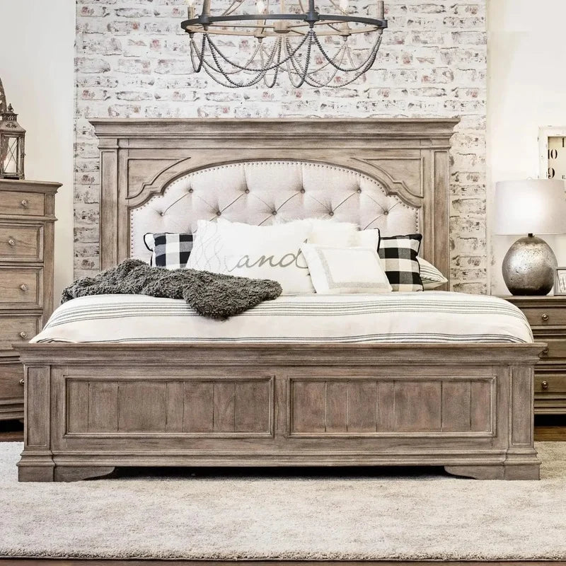 King Bed with Upholstered Button Tufted Headboard and Low Vertical Planked Inset, 83.5" x 90", Farmhouse Style Bed Frame