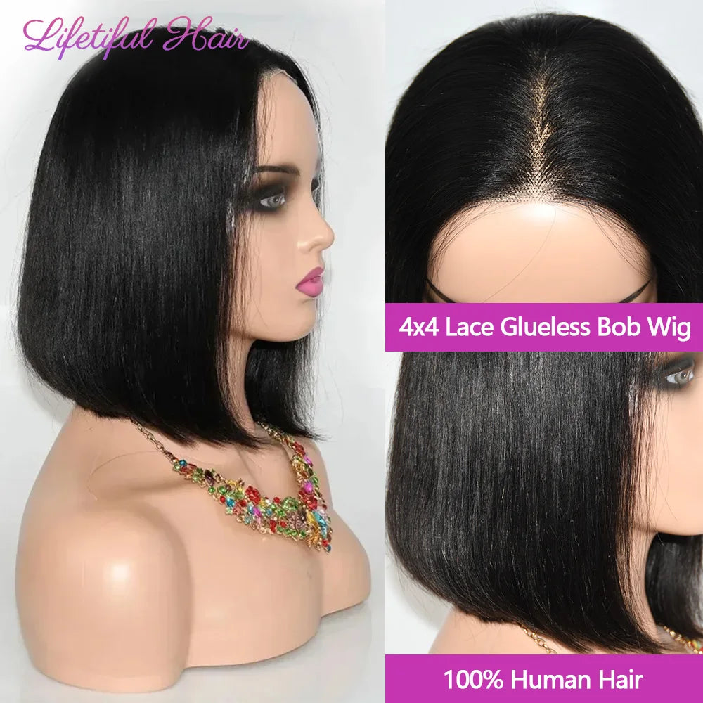 Glueless Bob Hair Wig Human Hair Ready To Wear Straight Transparent 4x4 Lace Closure