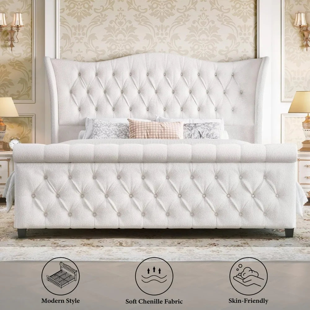 King Size Chenille Upholstered Bed Frame, Sleigh Platform Bed Frames with 51" Tall Wingback Headboard & 27" Scroll Footboard
