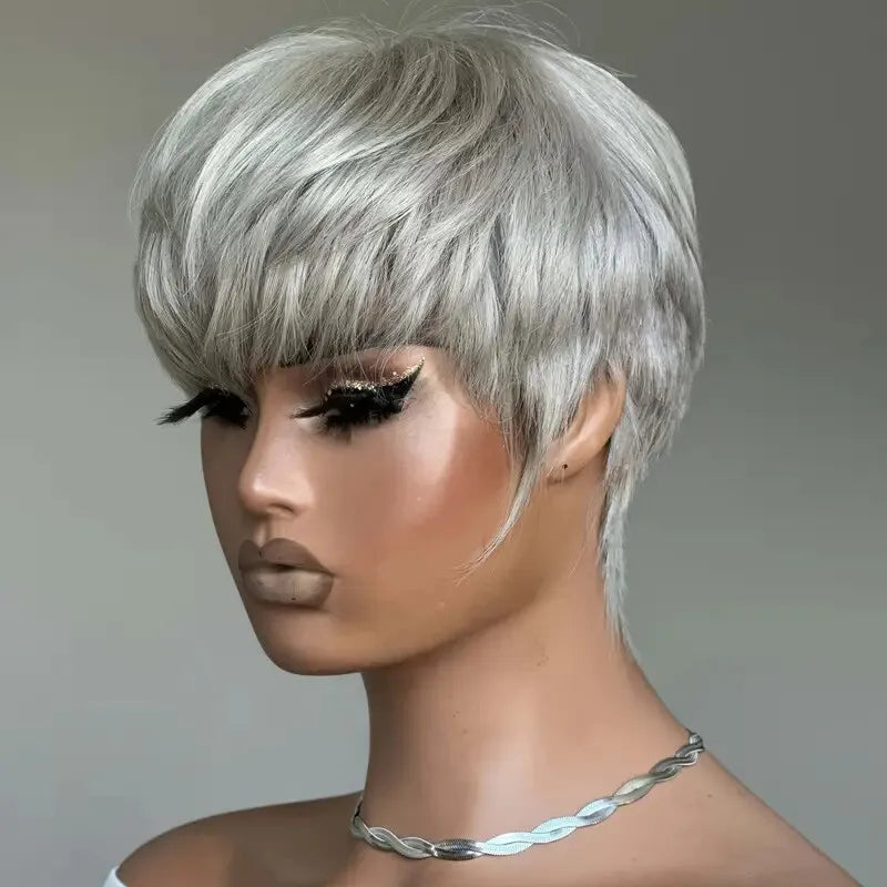 Grey Short Pixie Cut Wig Human Hair Short Layered Pixie Wig For Women 6 Inch