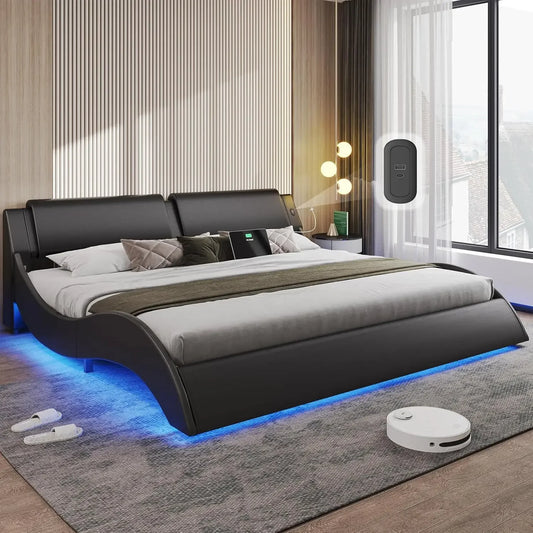 California King Bed Frame with Led Lights and USB & Type-c Ports Modern Cali King Platform Bed Frame