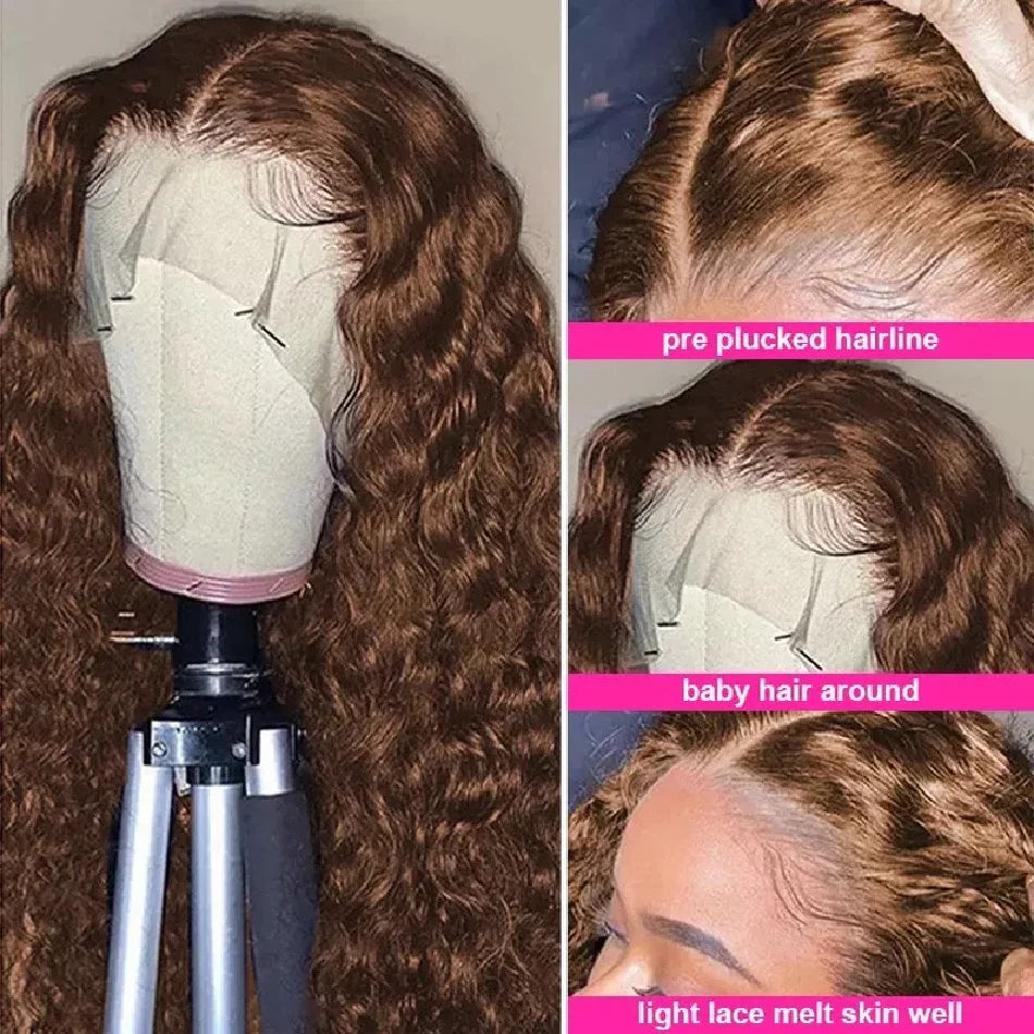 13x6 Hd Lace 30 Inch Chocolate Brown 13x4 Curly Lace Front Human Hair Water Wave Brazilian Wigs