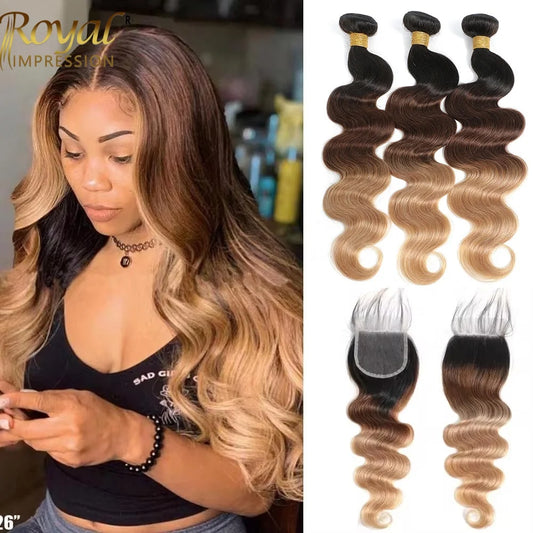 Ombre Color Body Wave Human Hair Bundles with closure Brazilian  human hair 1b/4/27 Hair Weave Bundles human Hair Extension
