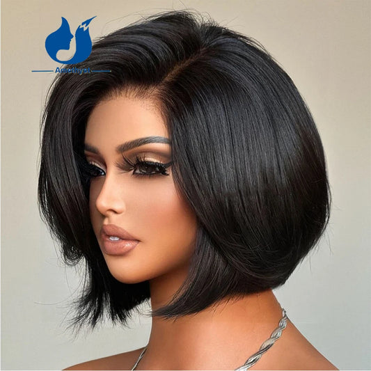 Natural Layered Short Bob with Side Bangs Straight 13x6 Lace Front Human Hair Wigs Straight Bob Pixie Cut