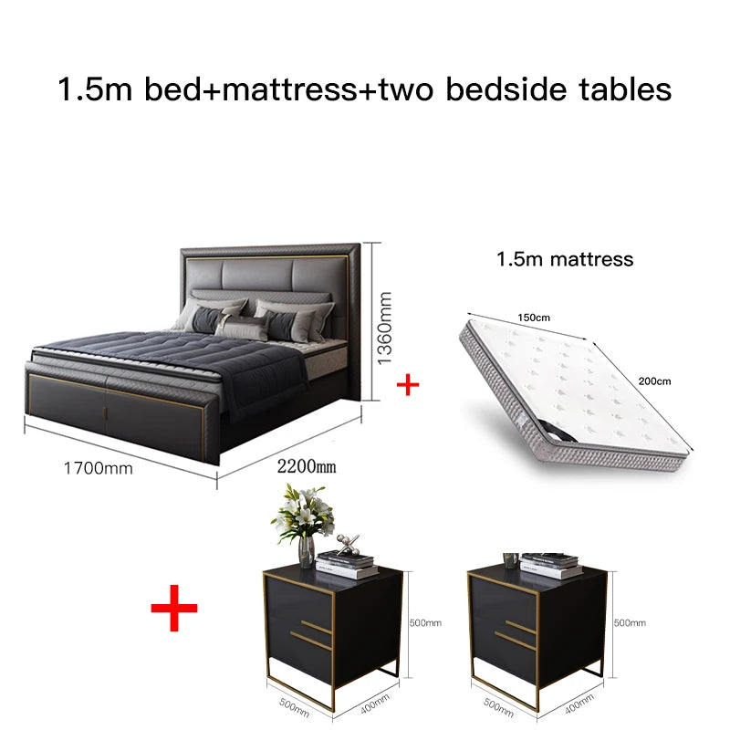 Light Luxury  Bed Frame Dark Gray Complete Furniture Bedrooms Set Beside Tables Cama King Size 2 People For Apartment Villa Home