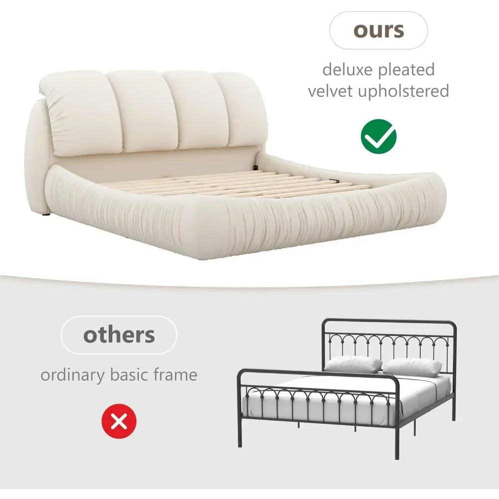 Beige Faux Leather Upholstered Solid Wood Frame Cloud Bed,King Size Platform Bed,Squeak-Free with Overstuffed Padded Headboard