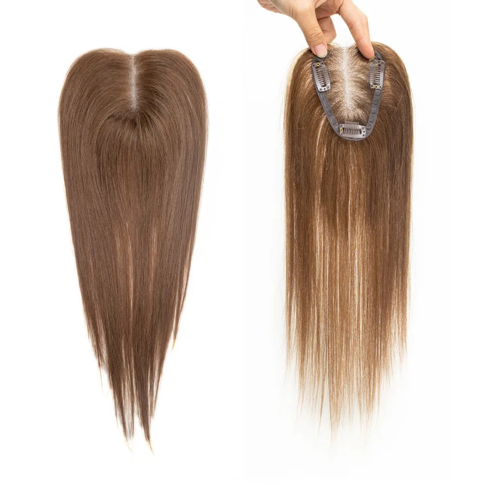 100% Human Hair Toppers Lace Base Clips In Hair with Bangs Straight 100% Remy Human Hair