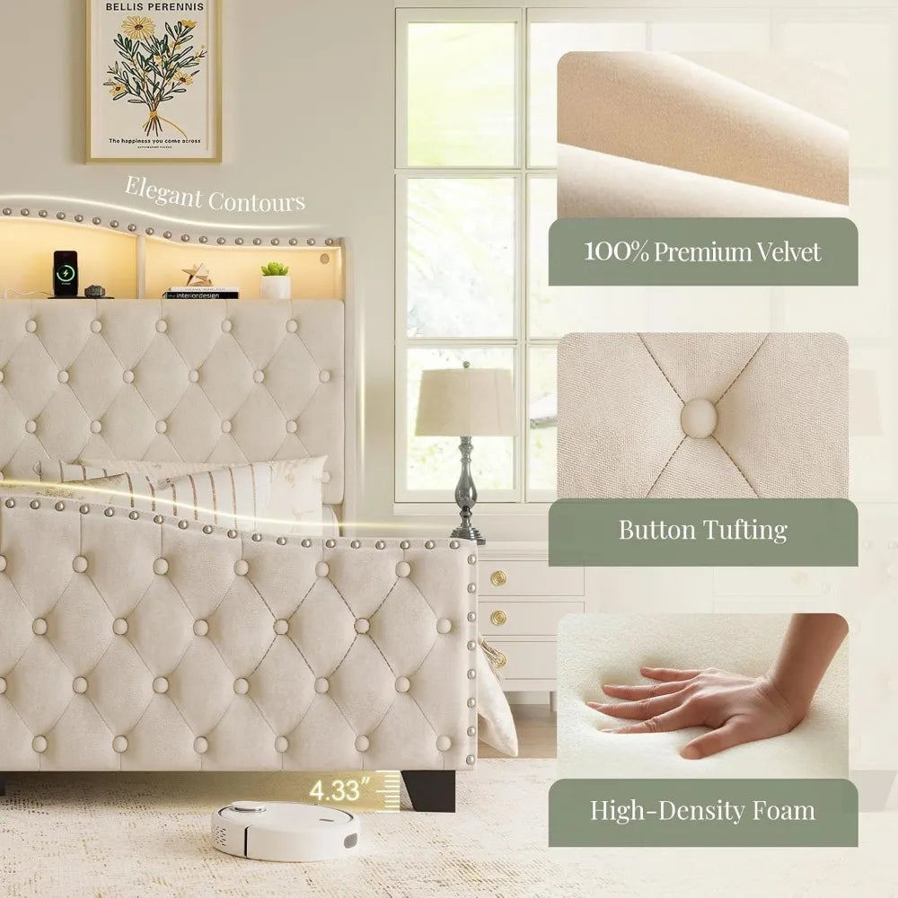 Belffin King Size Bed Frame and Headboard, 50.9" Velvet Upholstered Wingback Bedframe with LED Lights & Storage/Charging Station