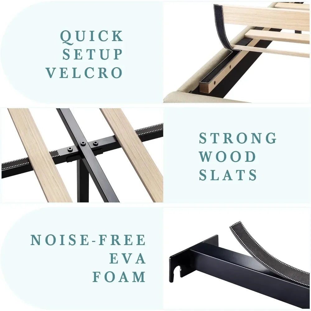 HOOMIC King Size Bed Frame with Headboard, Fabric Upholstered Platform Bed with Strong Wood Slats Support, Mattress Foundation,