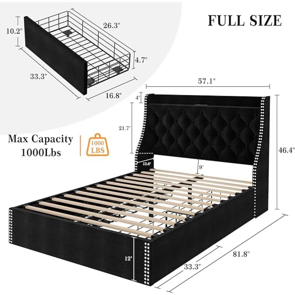 Large Bed Frame with 4 Storage Drawers and Storage Headboard Equipped with Charging Station Diamond Sewn Button Tufted Design