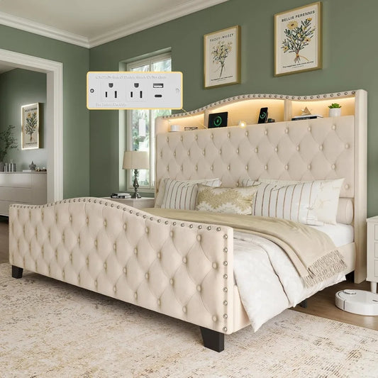 Belffin King Size Bed Frame and Headboard, 50.9" Velvet Upholstered Wingback Bedframe with LED Lights & Storage/Charging Station