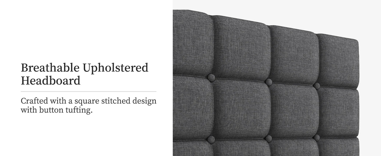 Soft Padded Bed Frame, Modern King Size Bed Platform, with Square Stitching and Button Tufted Headboard, Adjustable Height