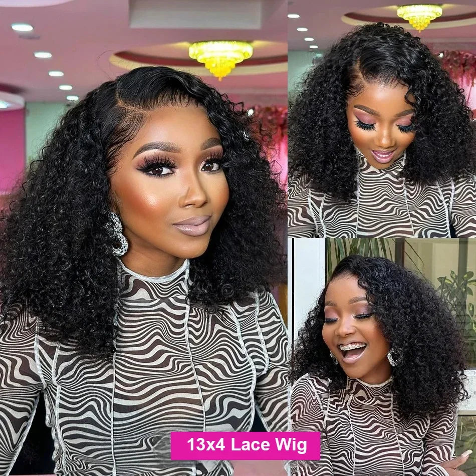 200 Density 13x6 Short Bob  Deep Wave wigs Curly 100% Human Hair 13x4 HD Transparent Lace Front Wig 14 16 Inches