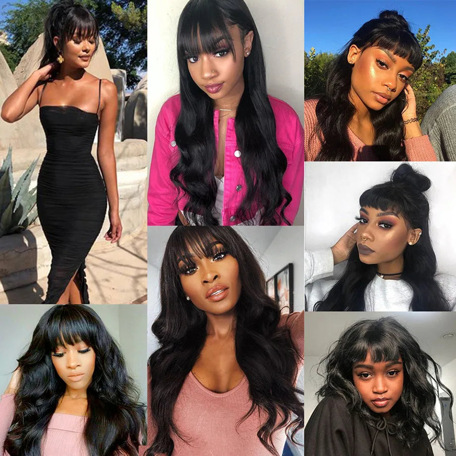 100% Human Hair Wigs With Bangs Body Wave Wig With Bangs Fringe Wigs Brazilian Natural Remy Human Hair