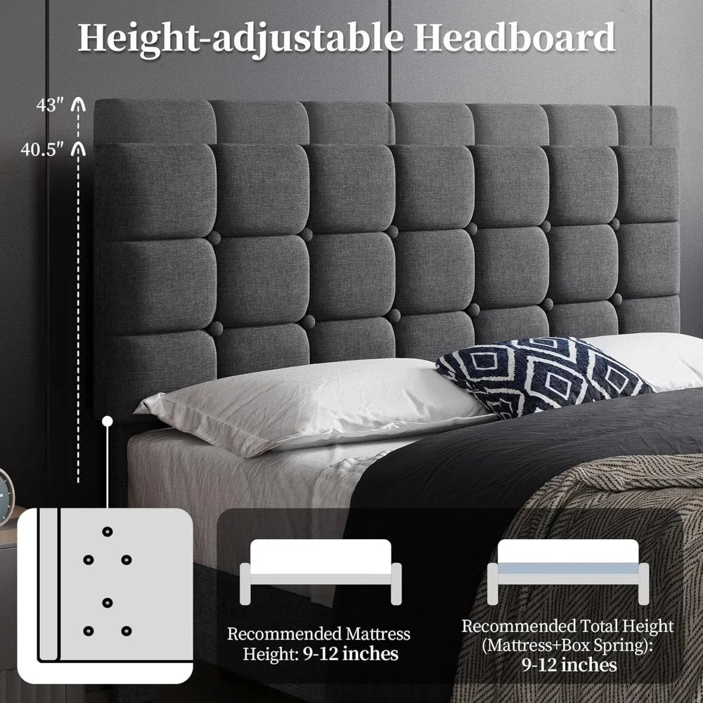 Soft Padded Bed Frame, Modern King Size Bed Platform, with Square Stitching and Button Tufted Headboard, Adjustable Height