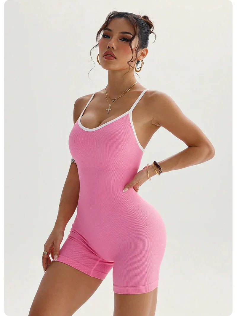 Summer Seamless Yoga Jumpsuit Women Gym Set Spaghetti Strap Leisure Workout Gym Shorts Padded Bra One-piece Fitness Bodysuits