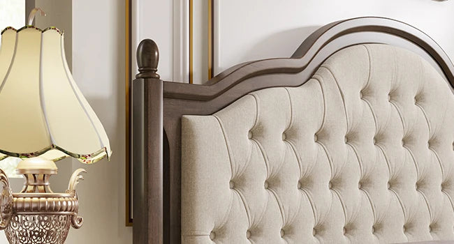 King Size Wood Bed Frame with Upholstered Headboard, Solid Wood Platform Bed with Linen Tufted, No Box Spring Needed