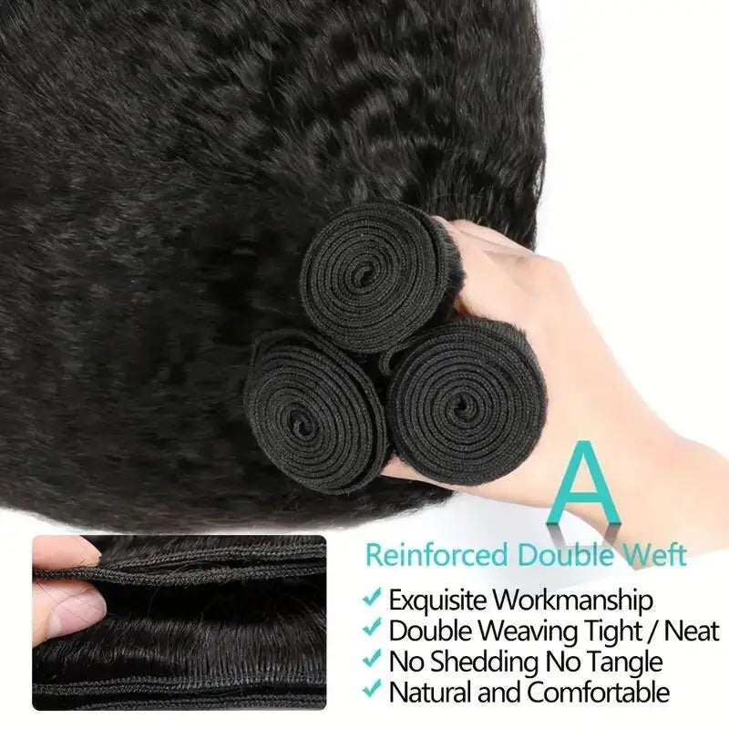 3 Pcs Kinky Straight Bundles Brazilian Unprocessed Virgin Human Hair Weave Bundles 4C  Yaki Human Hair Extensions Natural Black
