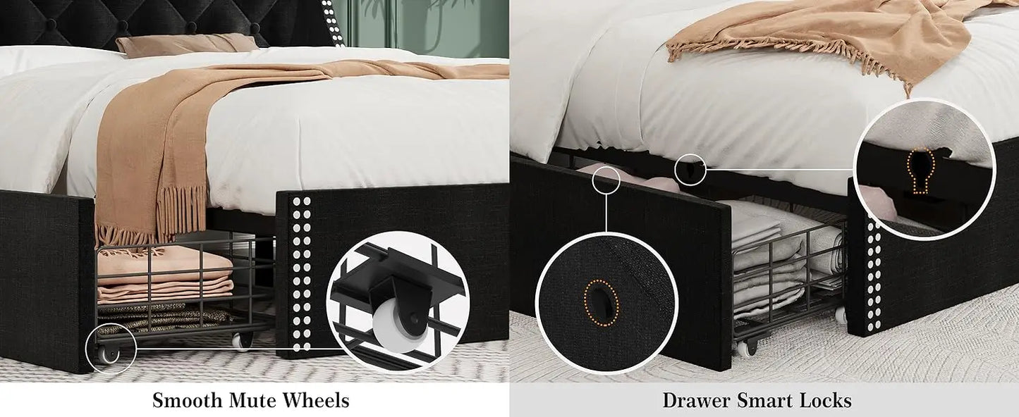 Large Bed Frame with 4 Storage Drawers and Storage Headboard Equipped with Charging Station Diamond Sewn Button Tufted Design