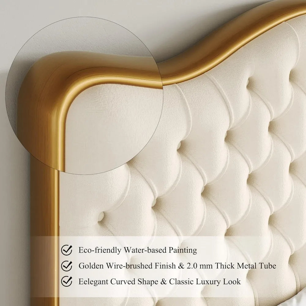 King Size Bed Frame W 55" Tall Curved Headboard, Velvet Deep Tufted Button, No Box Spring Needed, Metal Upholstered Platform Bed