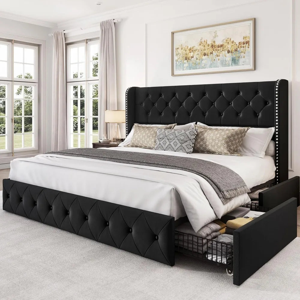 Bedroom Bed, King Size Bed Frame with 4 Storage Drawers and Tufted Headboard Velvet Upholstered Platform Bed Frame Wingback