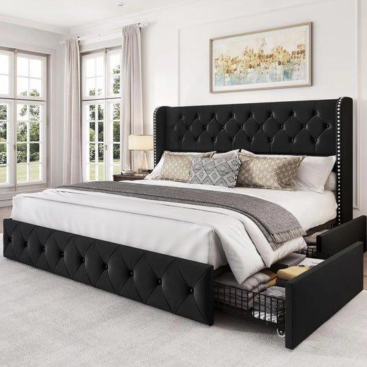 Bedroom Bed, King Size Bed Frame with 4 Storage Drawers and Tufted Headboard Velvet Upholstered Platform Bed Frame Wingback