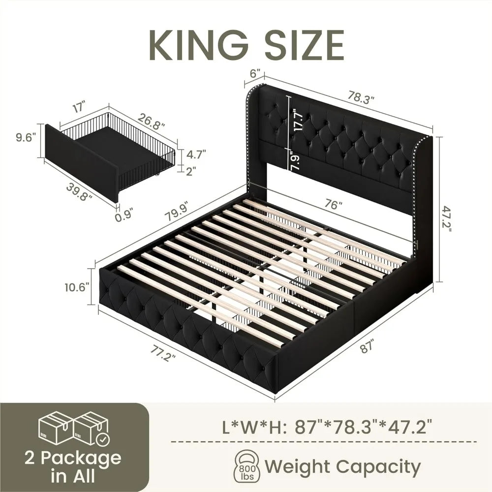 Bedroom Bed, King Size Bed Frame with 4 Storage Drawers and Tufted Headboard Velvet Upholstered Platform Bed Frame Wingback