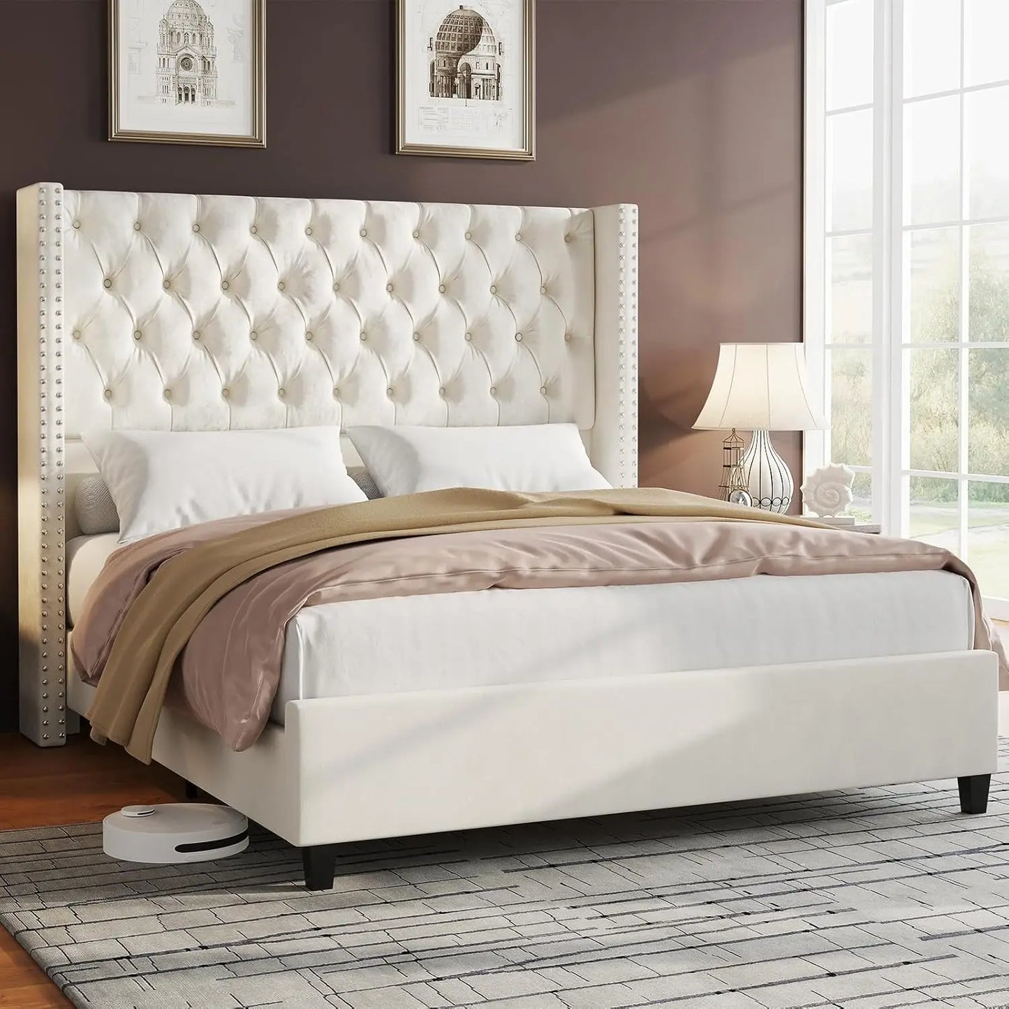 Queen Size Bed Frame Velvet Upholstered Platform Bed 51.6" Tall Wingback Headboard Deep Button Tufted, No Box Spring Needed