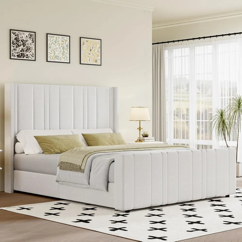 King Size Bed Frame,Wingback Headboard & Footboard, Soft Bed Frame King, Noise Free, Easy Assembly, White