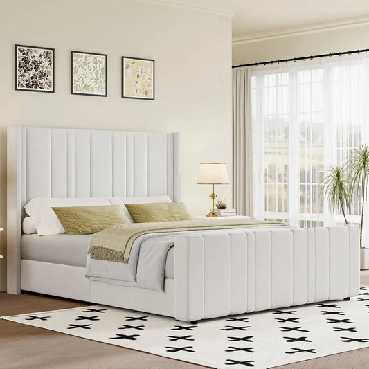 King Size Bed Frame,Wingback Headboard & Footboard, Soft Bed Frame King, Noise Free, Easy Assembly, White