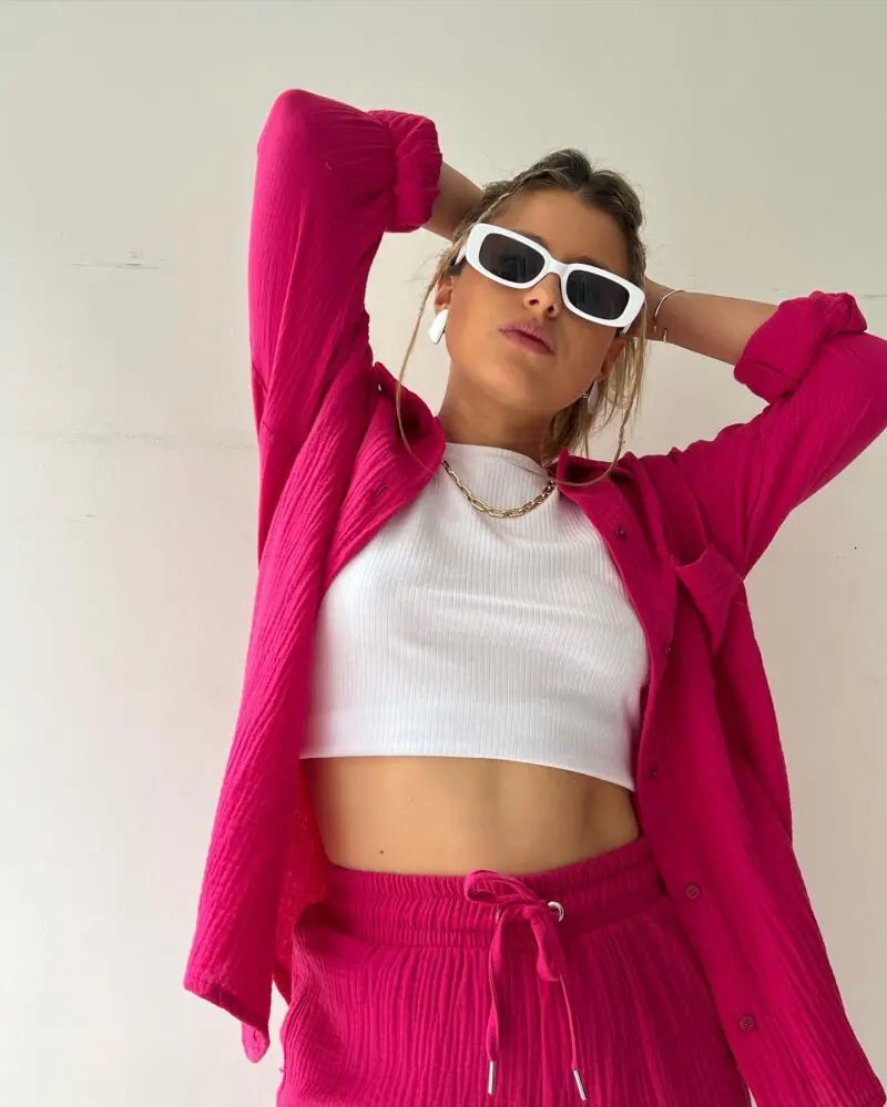 Casual Long Sleeve Button Loose Two Piece Set
