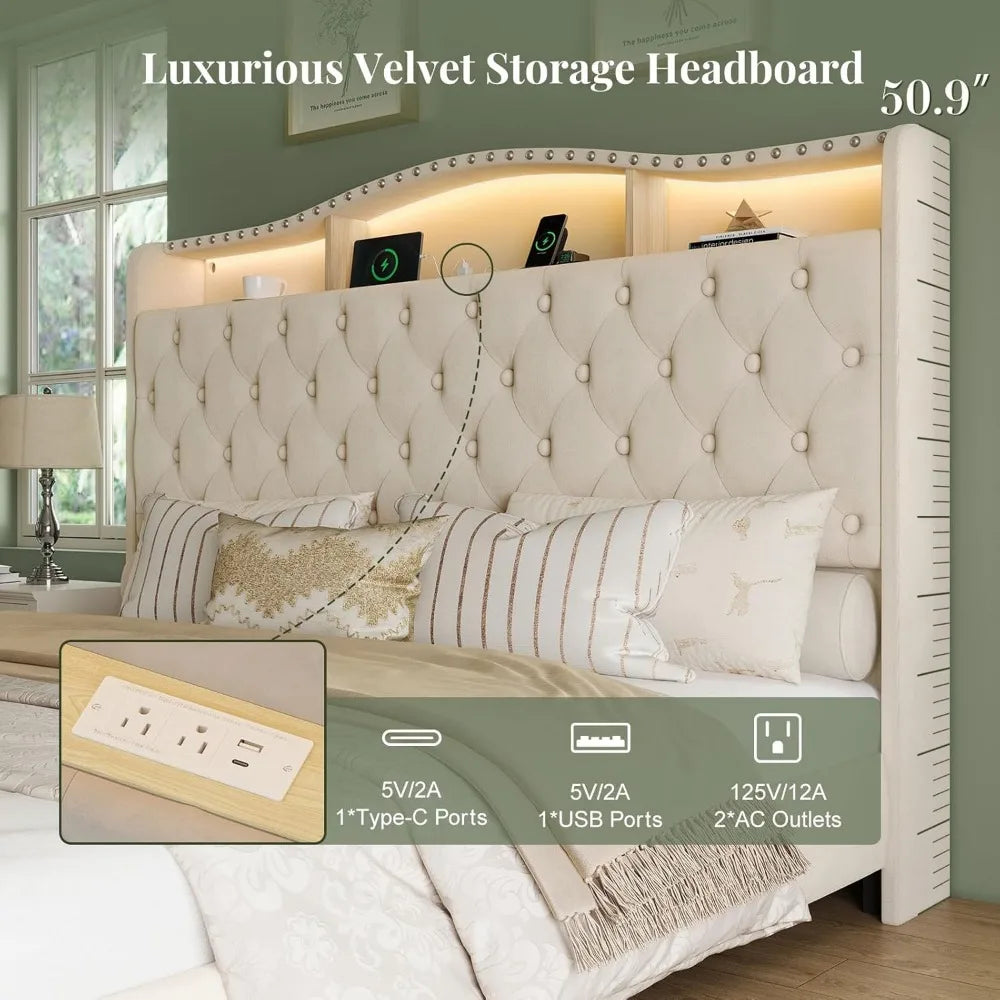Belffin King Size Bed Frame and Headboard, 50.9" Velvet Upholstered Wingback Bedframe with LED Lights & Storage/Charging Station