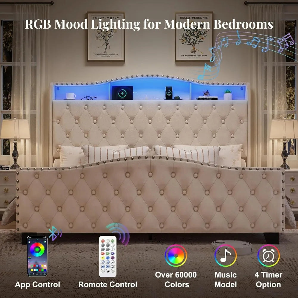 Belffin King Size Bed Frame and Headboard, 50.9" Velvet Upholstered Wingback Bedframe with LED Lights & Storage/Charging Station