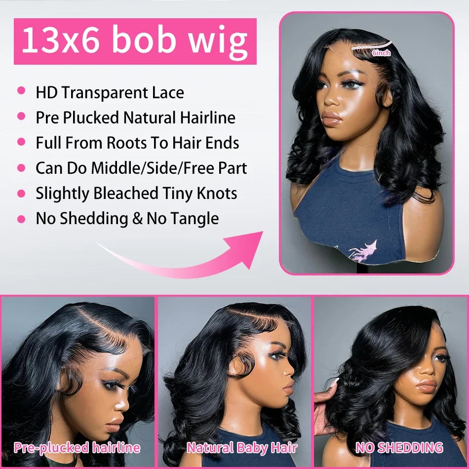 300 Density Body Wave Short Bob 13x4 13x6 HD Transparent Lace Front Human Hair Wigs 5x5 Pre Plucked Lace Frontal Wig For Black