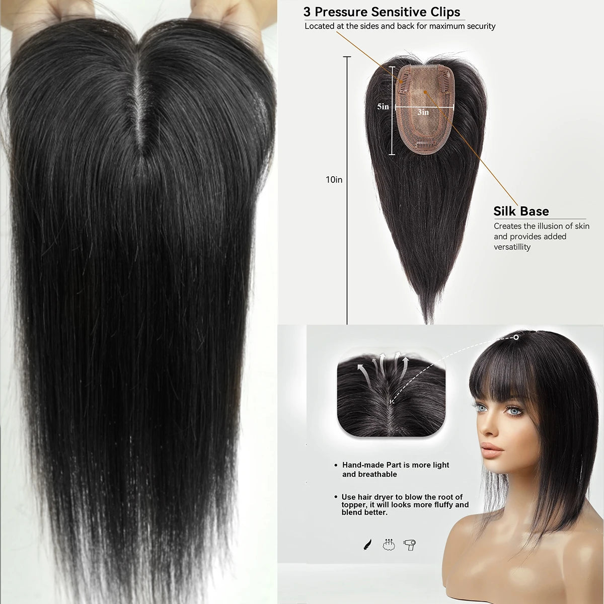 Ombre Blonde 100% Remy Human Hair Toppers with Bangs Silk Base Clip in Topper Top Hair in Hair Extension for Women 10/12/14inch