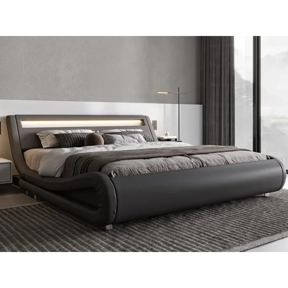 King Size LED Platform Bed Frame with Adjustable Headboard/No Box Spring Need/Easy Assembly/Faux Leather