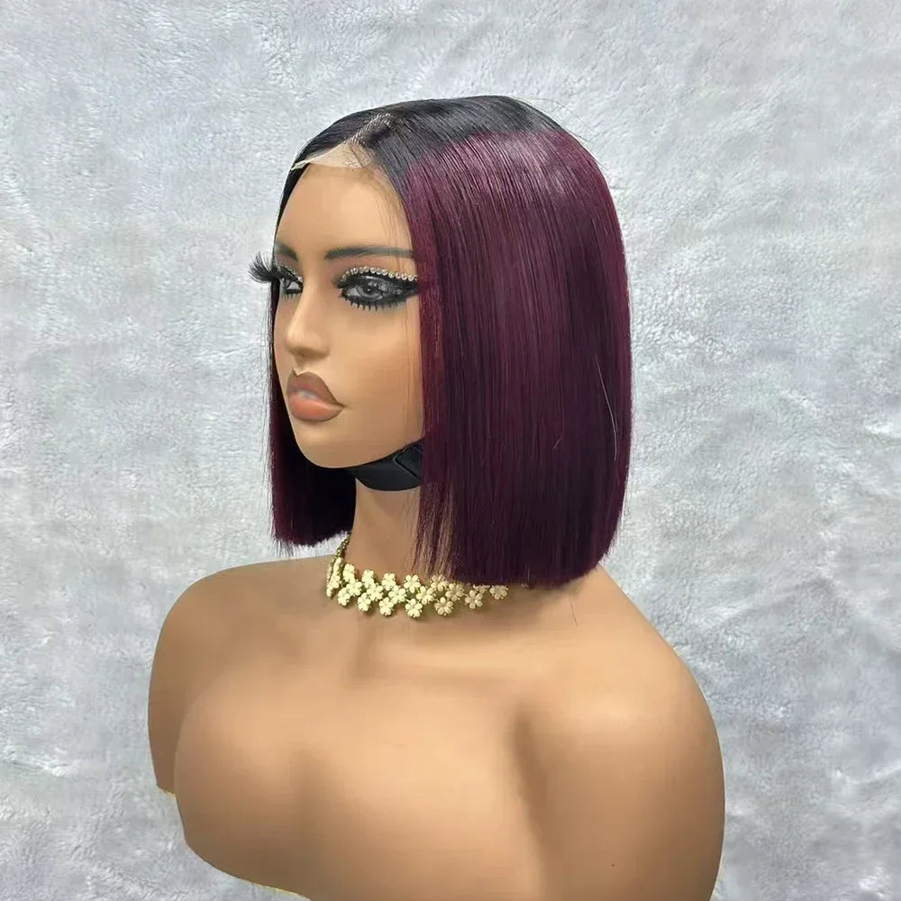 Wine Red Short Bob Human Hair Wig Virgin Brazilian Bone Straight Bob Hair Wig 2x6 Lace Closure Wigs