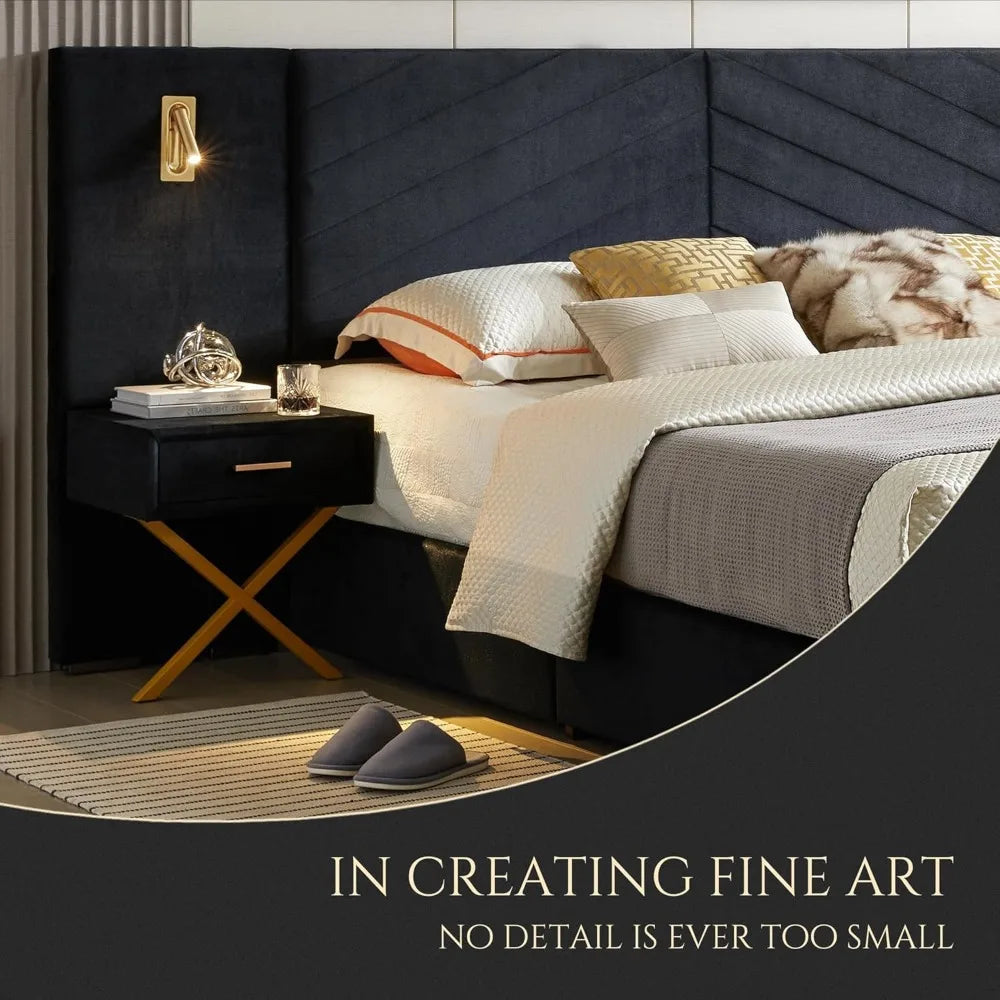 King Platform Bed Frame, Velvet Upholstered Headboard with 2 Built-in Wall Sconces & Nightstands, Sturdy Metal & Solid