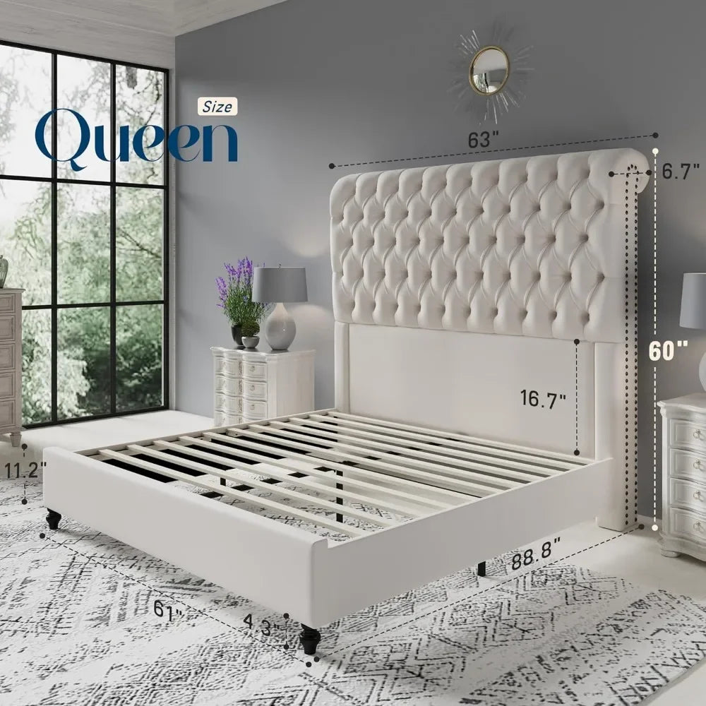 Queen Size Bed Frame with Sleigh Headboard 60" Tall Velvet Upholstered Platform Bed, No Box Spring Needed, Cream