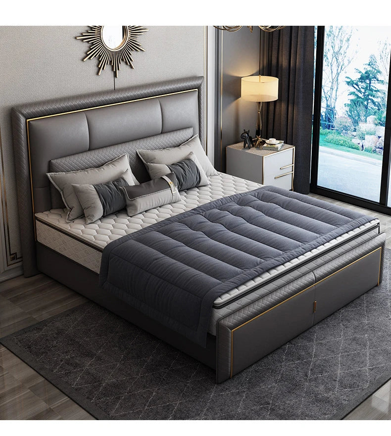 Light Luxury  Bed Frame Dark Gray Complete Furniture Bedrooms Set Beside Tables Cama King Size 2 People For Apartment Villa Home