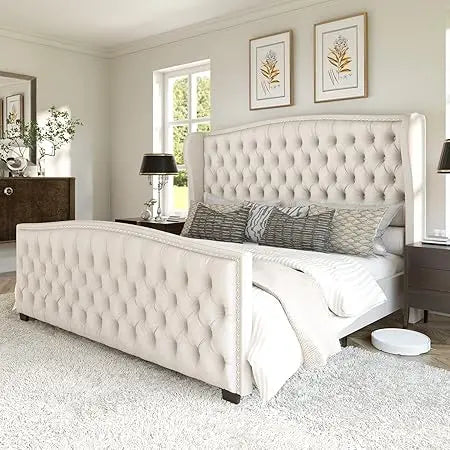AMERLIFE Queen Size Platform Bed Frame, Velvet Upholstered Bed with Deep Button Tufted & Nailhead Trim Wingback Headboard/No Box
