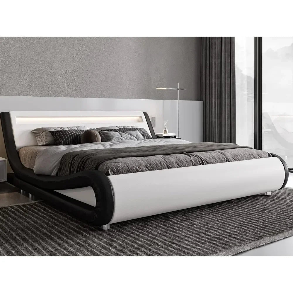 King Size LED Platform Bed Frame with Adjustable Headboard/No Box Spring Need/Easy Assembly/Faux Leather