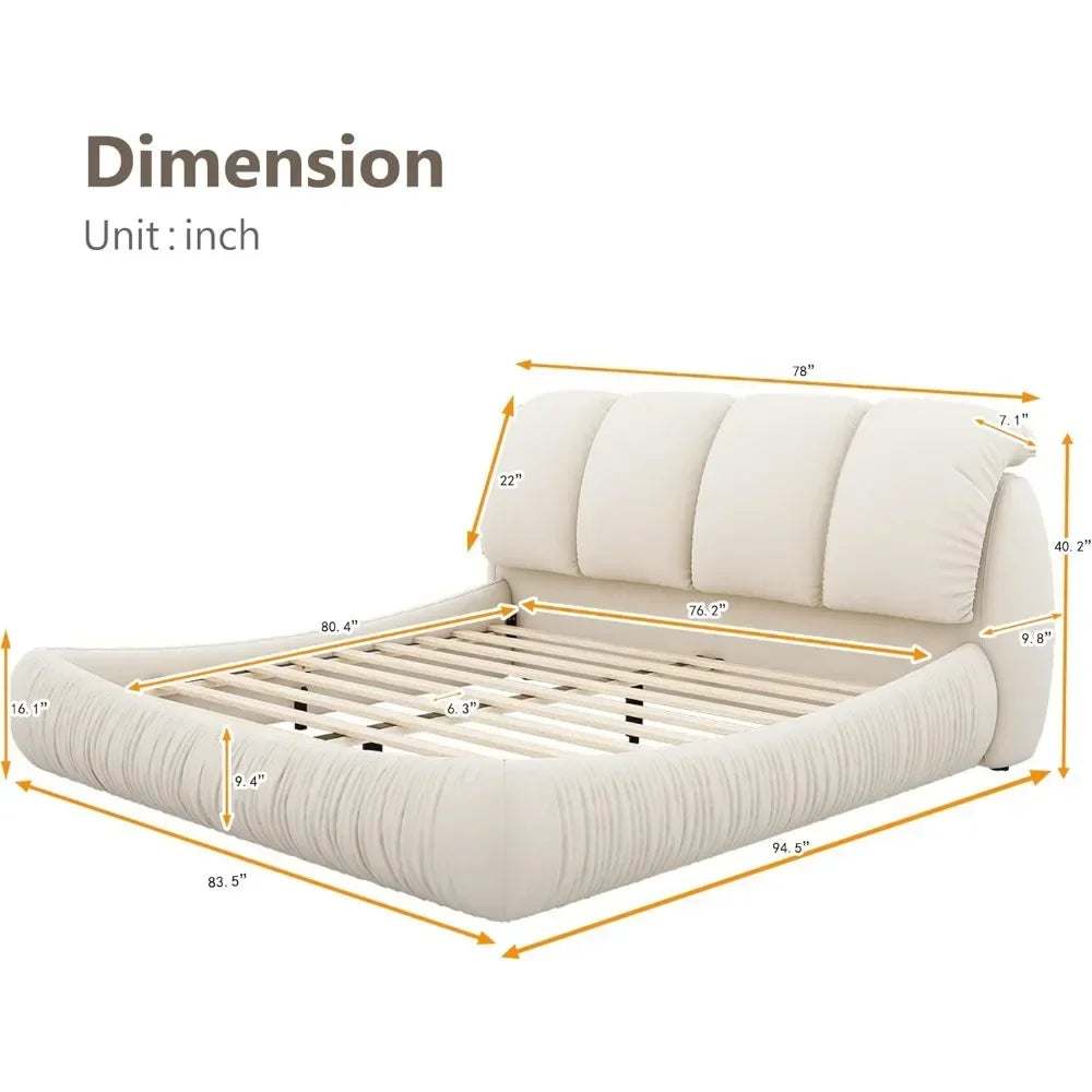 Beige Faux Leather Upholstered Solid Wood Frame Cloud Bed,King Size Platform Bed,Squeak-Free with Overstuffed Padded Headboard