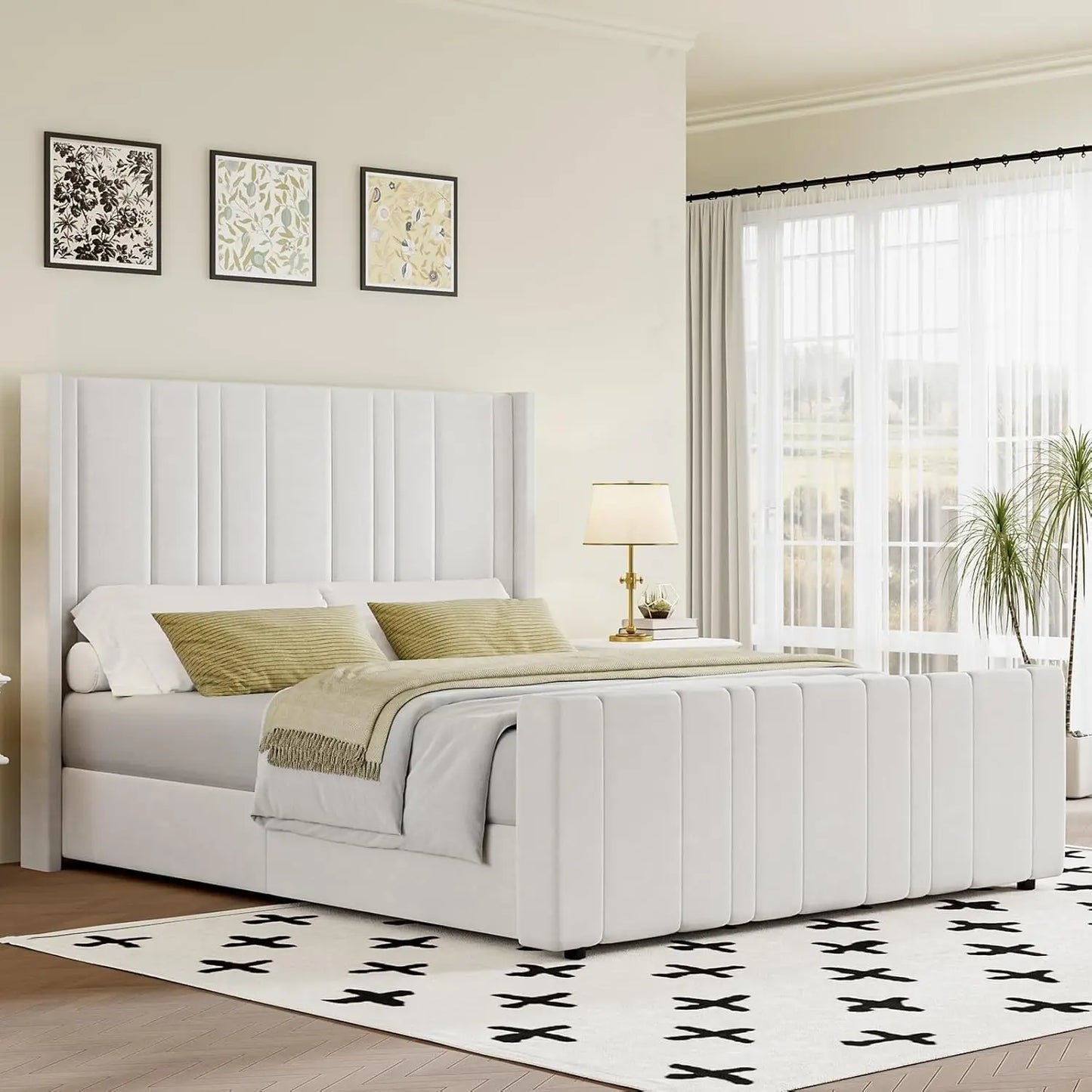 King Size Bed Frame,Wingback Headboard & Footboard, Soft Bed Frame King, Noise Free, Easy Assembly, White