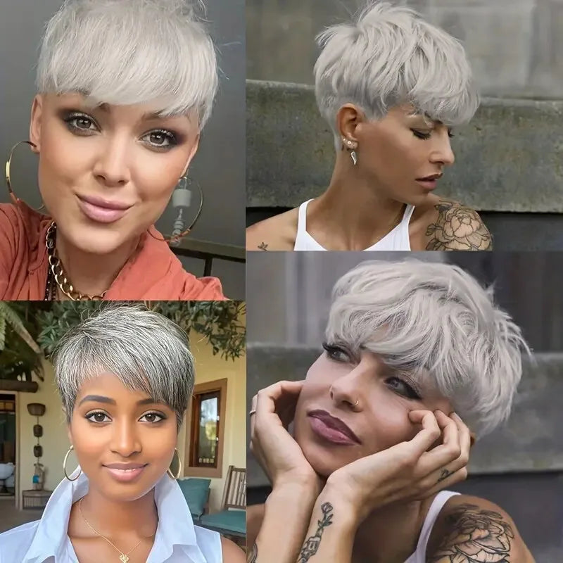 Grey Short Pixie Cut Wig Human Hair Short Layered Pixie Wig For Women 6 Inch